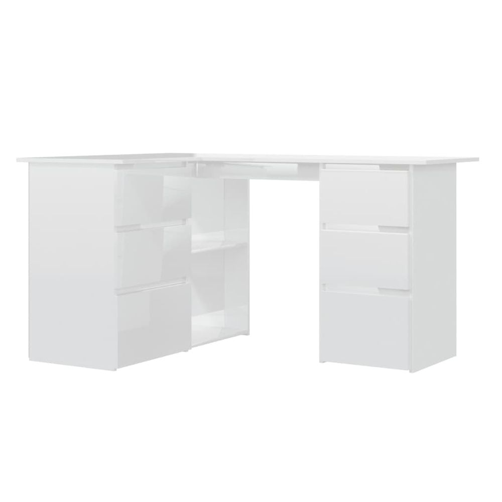 Vidaxl Rohový stôl, lesklý biely 145x100x76 cm, drevotrieska